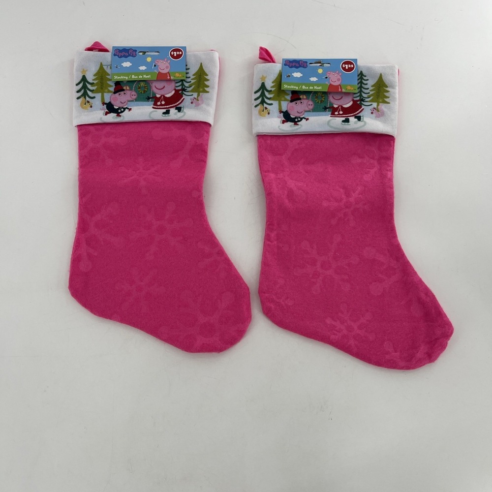 Set of 2 New Felt Christmas Stockings Peppa Pig Pink Snowflake Ice Skating 17.5"